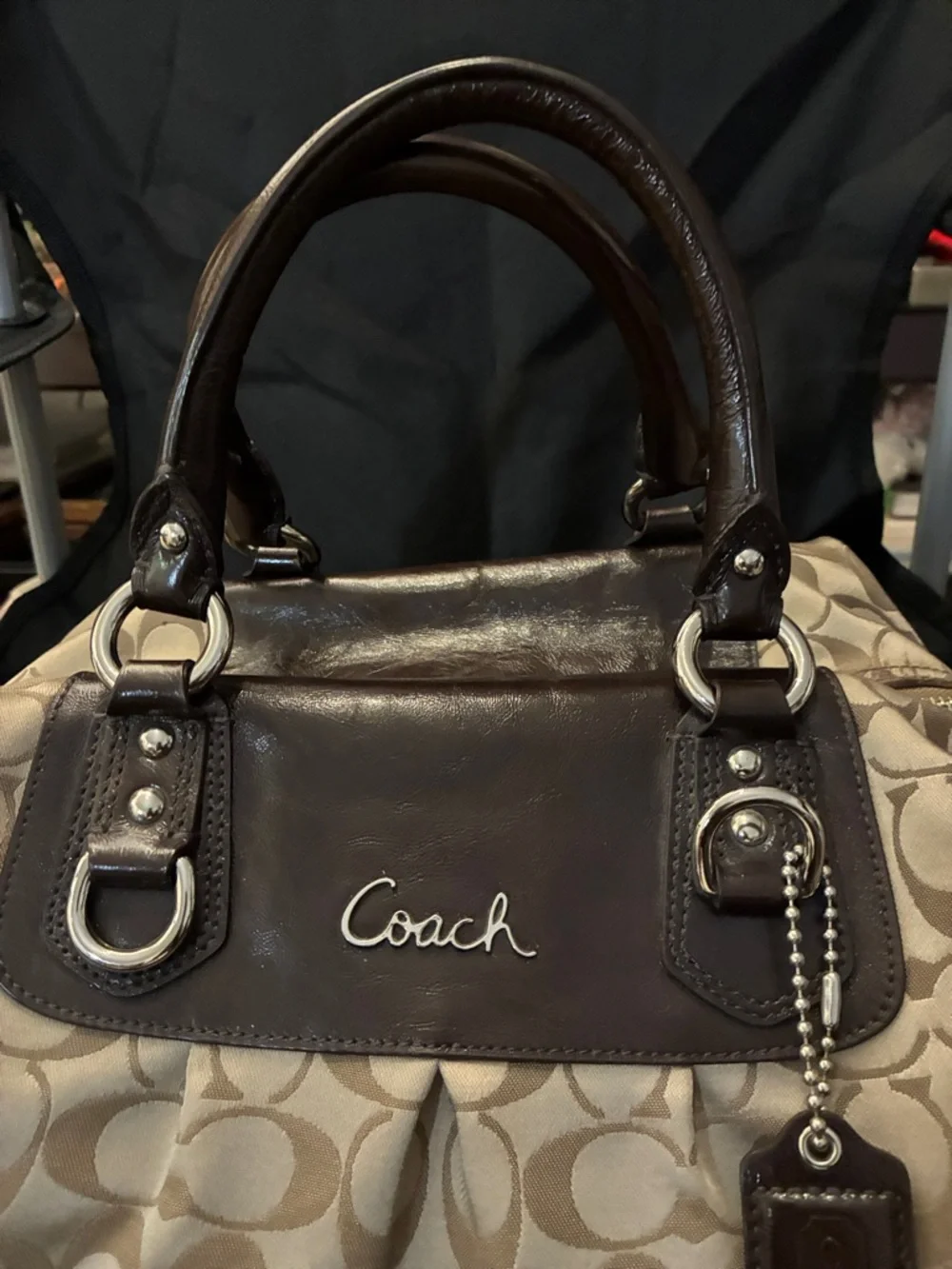 Coach Signature Satchel Brown Tan Canvas Leather Trim Handbag with hang tag - Picture 2 of 9